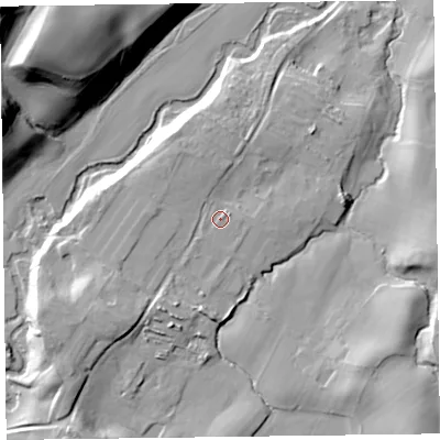 Shaded relief map of the ground around HR53ER, computed from Environment Agency LiDAR. The ground here sits at about 182 m above sea level and falls 47 m across the surrounding 800 m. Surface water reaching this point runs off ground lying to the south-west, 8.2 m higher.