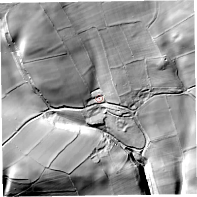 Shaded relief map of the ground around HR53EW, computed from Environment Agency LiDAR. The ground here sits at about 253 m above sea level and falls 119 m across the surrounding 800 m. Surface water reaching this point runs off ground lying to the north-north-west, 68.1 m higher.