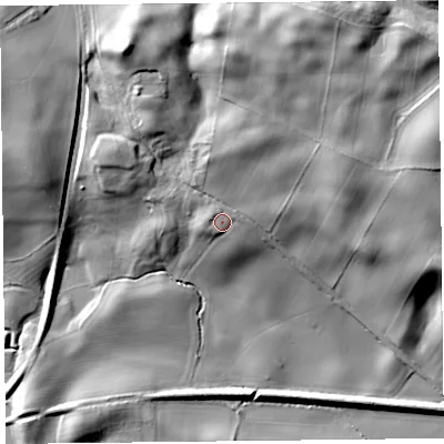Shaded relief map of the ground around HR53JF, computed from Environment Agency LiDAR. The ground here sits at about 134 m above sea level and falls 34 m across the surrounding 800 m. Surface water reaching this point runs off ground lying to the west-north-west, 2.6 m higher.