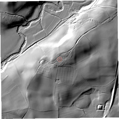 Shaded relief map of the ground around HR53JQ, computed from Environment Agency LiDAR. The ground here sits at about 151 m above sea level and falls 37 m across the surrounding 800 m. Surface water reaching this point runs off ground lying to the north-east, 6.2 m higher.