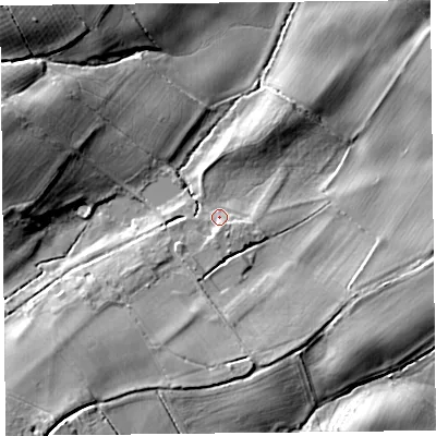 Shaded relief map of the ground around HR53LA, computed from Environment Agency LiDAR. The ground here sits at about 118 m above sea level and falls 22 m across the surrounding 800 m. Surface water reaching this point runs off ground lying to the south-west, 4.9 m higher.