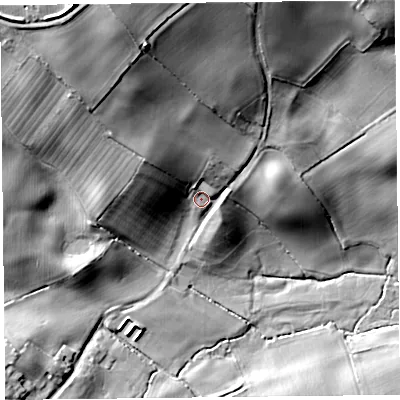 Shaded relief map of the ground around HR53LT, computed from Environment Agency LiDAR. The ground here sits at about 138 m above sea level and falls 40 m across the surrounding 800 m. Surface water reaching this point runs off ground lying to the north-north-west, 27.3 m higher.