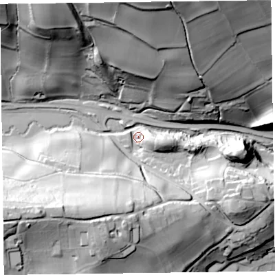 Shaded relief map of the ground around HR53NE, computed from Environment Agency LiDAR. The ground here sits at about 173 m above sea level and falls 79 m across the surrounding 800 m. Surface water reaching this point runs off ground lying to the west-south-west, 58.7 m higher.