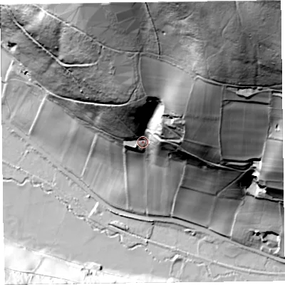 Shaded relief map of the ground around HR53NL, computed from Environment Agency LiDAR. The ground here sits at about 208 m above sea level and falls 146 m across the surrounding 800 m. Surface water reaching this point runs off ground lying to the north-north-east, 109.6 m higher.
