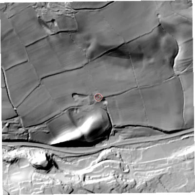 Shaded relief map of the ground around HR53NQ, computed from Environment Agency LiDAR. The ground here sits at about 190 m above sea level and falls 115 m across the surrounding 800 m. Surface water reaching this point runs off ground lying to the north-north-west, 81.9 m higher.