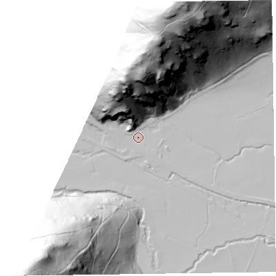 Shaded relief map of the ground around HR53NW, computed from Environment Agency LiDAR. The ground here sits at about 180 m above sea level and falls 340282346638528859811704183484516925440 m across the surrounding 800 m. Surface water reaching this point runs off ground lying to the north-north-east, 150.7 m higher.