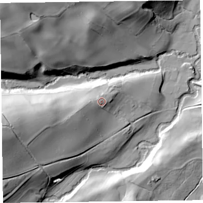 Shaded relief map of the ground around HR53PT, computed from Environment Agency LiDAR. The ground here sits at about 196 m above sea level and falls 49 m across the surrounding 800 m. Surface water reaching this point runs off ground lying to the west-south-west, 3.2 m higher.
