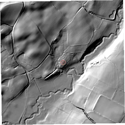 Shaded relief map of the ground around HR53QA, computed from Environment Agency LiDAR. The ground here sits at about 213 m above sea level and falls 42 m across the surrounding 800 m. Surface water reaching this point runs off ground lying to the north-north-east, 1.8 m higher.