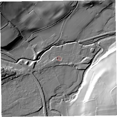 Shaded relief map of the ground around HR53RB, computed from Environment Agency LiDAR. The ground here sits at about 149 m above sea level and falls 50 m across the surrounding 800 m. Surface water reaching this point runs off ground lying to the south-west, 3.1 m higher.