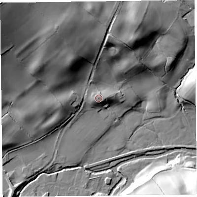 Shaded relief map of the ground around HR53RF, computed from Environment Agency LiDAR. The ground here sits at about 156 m above sea level and falls 46 m across the surrounding 800 m. Surface water reaching this point runs off ground lying to the north-north-east, 1.4 m higher.