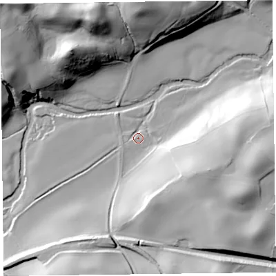 Shaded relief map of the ground around HR53RX, computed from Environment Agency LiDAR. The ground here sits at about 132 m above sea level and falls 40 m across the surrounding 800 m. Surface water reaching this point runs off ground lying to the west-south-west, 2.8 m higher.