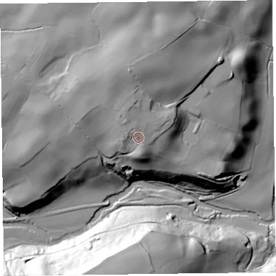 Shaded relief map of the ground around HR53SD, computed from Environment Agency LiDAR. The ground here sits at about 172 m above sea level and falls 57 m across the surrounding 800 m. Surface water reaching this point runs off ground lying to the north, 3.7 m higher.
