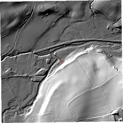 Shaded relief map of the ground around HR53SE, computed from Environment Agency LiDAR. The ground here sits at about 146 m above sea level and falls 68 m across the surrounding 800 m. Surface water reaching this point runs off ground lying to the south-south-east, 45.9 m higher.