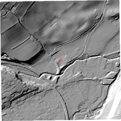 Shaded relief map of the ground around HR53SF, computed from Environment Agency LiDAR. The ground here sits at about 151 m above sea level and falls 55 m across the surrounding 800 m. Surface water reaching this point runs off ground lying to the south, 3.8 m higher.