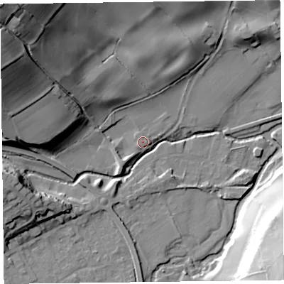 Shaded relief map of the ground around HR53SG, computed from Environment Agency LiDAR. The ground here sits at about 152 m above sea level and falls 53 m across the surrounding 800 m. Surface water reaching this point runs off ground lying to the west, 1.5 m higher.