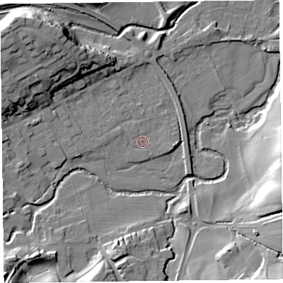 Shaded relief map of the ground around HR53TD, computed from Environment Agency LiDAR. The ground here sits at about 152 m above sea level and falls 24 m across the surrounding 800 m. Surface water reaching this point runs off ground lying to the west-north-west, 1.2 m higher.