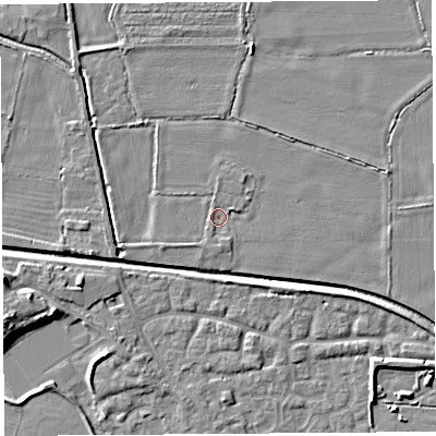 Shaded relief map of the ground around HR60AA, computed from Environment Agency LiDAR. The ground here sits at about 71 m above sea level and falls 9 m across the surrounding 800 m. Surface water reaching this point runs off ground lying to the east-north-east, 1.1 m higher.
