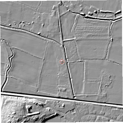 Shaded relief map of the ground around HR60AB, computed from Environment Agency LiDAR. The ground here sits at about 73 m above sea level and falls 13 m across the surrounding 800 m. Surface water reaching this point runs off ground lying to the north-west, 3.6 m higher.