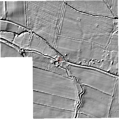 Shaded relief map of the ground around HR60AD, computed from Environment Agency LiDAR. The ground here sits at about 74 m above sea level and falls 6 m across the surrounding 800 m. Surface water reaching this point runs off ground lying to the west-south-west, 2.3 m higher.
