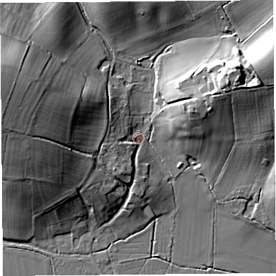 Shaded relief map of the ground around HR60AG, computed from Environment Agency LiDAR. The ground here sits at about 80 m above sea level and falls 32 m across the surrounding 800 m. Surface water reaching this point runs off ground lying to the west-north-west, 27.8 m higher.