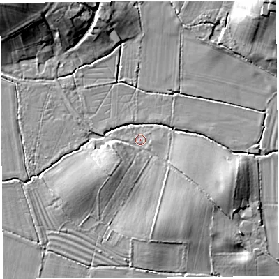Shaded relief map of the ground around HR60AH, computed from Environment Agency LiDAR. The ground here sits at about 77 m above sea level and falls 21 m across the surrounding 800 m. Surface water reaching this point runs off ground lying to the south-west, 4.3 m higher.