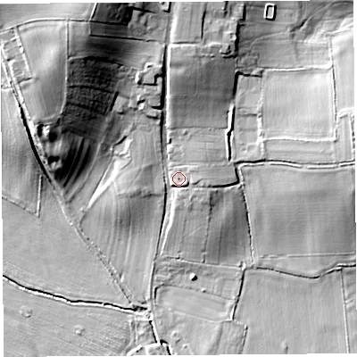 Shaded relief map of the ground around HR60AJ, computed from Environment Agency LiDAR. The ground here sits at about 80 m above sea level and falls 30 m across the surrounding 800 m. Surface water reaching this point runs off ground lying to the north-north-west, 20.0 m higher.