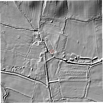Shaded relief map of the ground around HR60AL, computed from Environment Agency LiDAR. The ground here sits at about 72 m above sea level and falls 13 m across the surrounding 800 m. Surface water reaching this point runs off ground lying to the north-north-west, 2.7 m higher.
