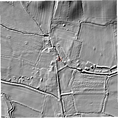 Shaded relief map of the ground around HR60AN, computed from Environment Agency LiDAR. The ground here sits at about 72 m above sea level and falls 13 m across the surrounding 800 m. Surface water reaching this point runs off ground lying to the north-north-west, 2.7 m higher.