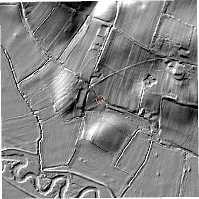 Shaded relief map of the ground around HR60AQ, computed from Environment Agency LiDAR. The ground here sits at about 81 m above sea level and falls 30 m across the surrounding 800 m. Surface water reaching this point runs off ground lying to the north-north-east, 25.9 m higher.
