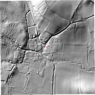 Shaded relief map of the ground around HR60BA, computed from Environment Agency LiDAR. The ground here sits at about 95 m above sea level and falls 35 m across the surrounding 800 m. Surface water reaching this point runs off ground lying to the north, 28.9 m higher.