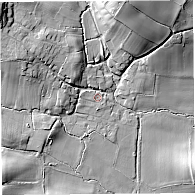 Shaded relief map of the ground around HR60BB, computed from Environment Agency LiDAR. The ground here sits at about 94 m above sea level and falls 33 m across the surrounding 800 m. Surface water reaching this point runs off ground lying to the north-west, 14.8 m higher.