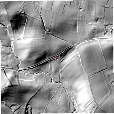 Shaded relief map of the ground around HR60BW, computed from Environment Agency LiDAR. The ground here sits at about 114 m above sea level and falls 46 m across the surrounding 800 m. Surface water reaching this point runs off ground lying to the north, 11.7 m higher.