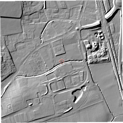 Shaded relief map of the ground around HR60DD, computed from Environment Agency LiDAR. The ground here sits at about 68 m above sea level and falls 11 m across the surrounding 800 m. Surface water reaching this point runs off ground lying to the north-west, 8.2 m higher.