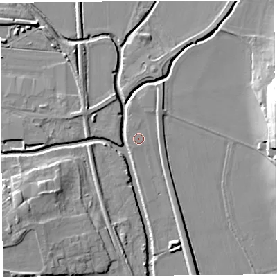 Shaded relief map of the ground around HR60DE, computed from Environment Agency LiDAR. The ground here sits at about 70 m above sea level and falls 17 m across the surrounding 800 m. The ground contributing surface water to this point lies to the west-north-west.
