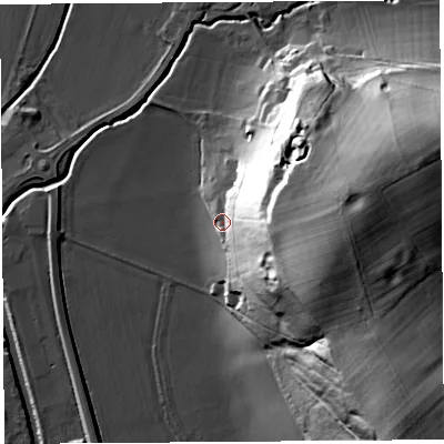 Shaded relief map of the ground around HR60DG, computed from Environment Agency LiDAR. The ground here sits at about 75 m above sea level and falls 52 m across the surrounding 800 m. Surface water reaching this point runs off ground lying to the east-south-east, 38.8 m higher.