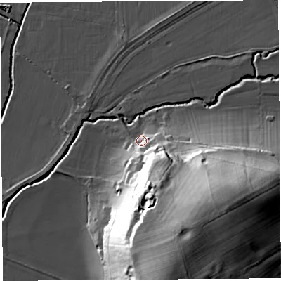 Shaded relief map of the ground around HR60DH, computed from Environment Agency LiDAR. The ground here sits at about 74 m above sea level and falls 45 m across the surrounding 800 m. Surface water reaching this point runs off ground lying to the south-east, 18.5 m higher.