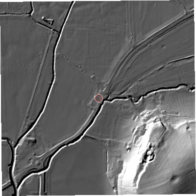 Shaded relief map of the ground around HR60DQ, computed from Environment Agency LiDAR. The ground here sits at about 72 m above sea level and falls 45 m across the surrounding 800 m. Surface water reaching this point runs off ground lying to the east, 1.2 m higher.