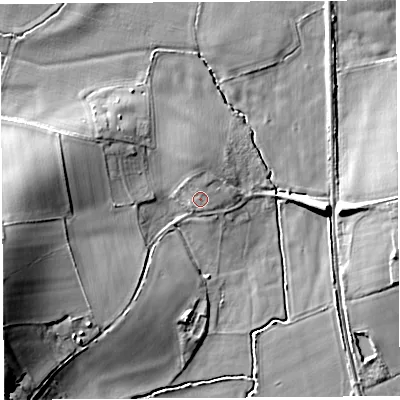 Shaded relief map of the ground around HR60DS, computed from Environment Agency LiDAR. The ground here sits at about 77 m above sea level and falls 19 m across the surrounding 800 m. Surface water reaching this point runs off ground lying to the north, 1.7 m higher.