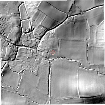 Shaded relief map of the ground around HR60EZ, computed from Environment Agency LiDAR. The ground here sits at about 93 m above sea level and falls 34 m across the surrounding 800 m. Surface water reaching this point runs off ground lying to the north, 3.5 m higher.