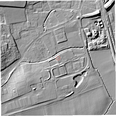 Shaded relief map of the ground around HR60FD, computed from Environment Agency LiDAR. The ground here sits at about 69 m above sea level and falls 11 m across the surrounding 800 m. Surface water reaching this point runs off ground lying to the south-west, 2.1 m higher.