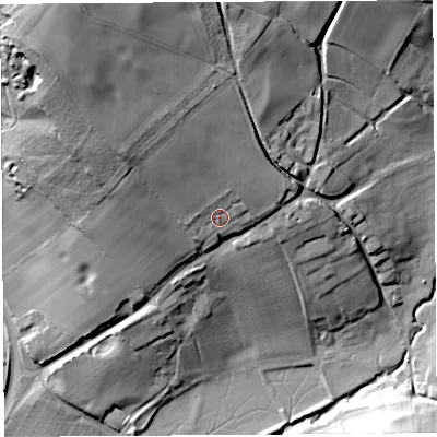 Shaded relief map of the ground around HR60HB, computed from Environment Agency LiDAR. The ground here sits at about 108 m above sea level and falls 58 m across the surrounding 800 m. Surface water reaching this point runs off ground lying to the north-north-west, 15.5 m higher.
