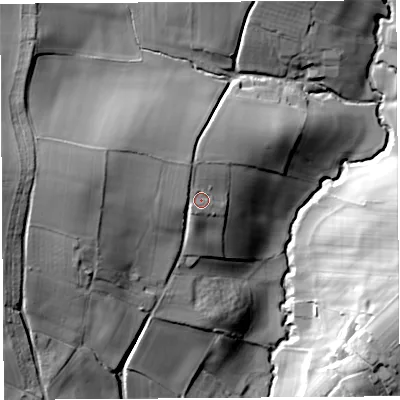 Shaded relief map of the ground around HR60HE, computed from Environment Agency LiDAR. The ground here sits at about 117 m above sea level and falls 45 m across the surrounding 800 m. Surface water reaching this point runs off ground lying to the west-north-west, 12.6 m higher.