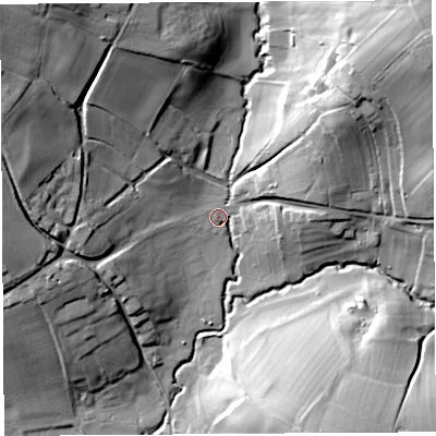 Shaded relief map of the ground around HR60HF, computed from Environment Agency LiDAR. The ground here sits at about 91 m above sea level and falls 43 m across the surrounding 800 m. Surface water reaching this point runs off ground lying to the north-east, 36.9 m higher.