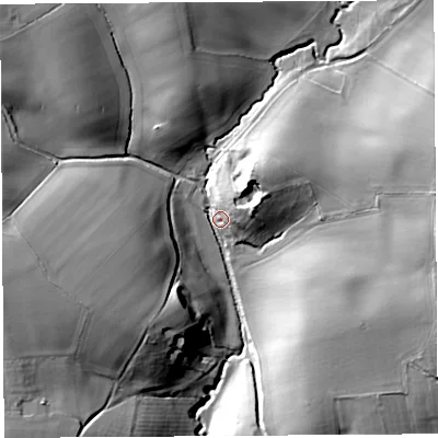 Shaded relief map of the ground around HR60JA, computed from Environment Agency LiDAR. The ground here sits at about 110 m above sea level and falls 28 m across the surrounding 800 m. Surface water reaching this point runs off ground lying to the east-north-east, 23.5 m higher.