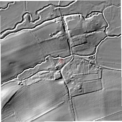 Shaded relief map of the ground around HR60JH, computed from Environment Agency LiDAR. The ground here sits at about 69 m above sea level and falls 11 m across the surrounding 800 m. Surface water reaching this point runs off ground lying to the south, 9.4 m higher.
