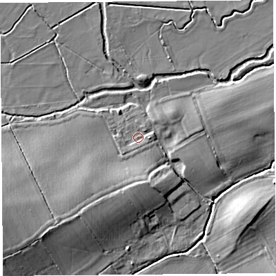 Shaded relief map of the ground around HR60JW, computed from Environment Agency LiDAR. The ground here sits at about 71 m above sea level and falls 10 m across the surrounding 800 m. Surface water reaching this point runs off ground lying to the south, 1.1 m higher.