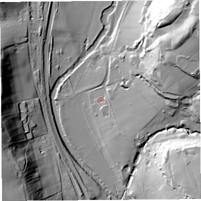 Shaded relief map of the ground around HR60LE, computed from Environment Agency LiDAR. The ground here sits at about 68 m above sea level and falls 51 m across the surrounding 800 m. Surface water reaching this point runs off ground lying to the east-south-east, 3.5 m higher.