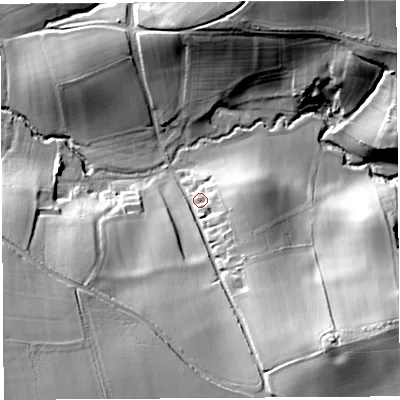 Shaded relief map of the ground around HR60LP, computed from Environment Agency LiDAR. The ground here sits at about 95 m above sea level and falls 43 m across the surrounding 800 m. Surface water reaching this point runs off ground lying to the south-east, 35.0 m higher.