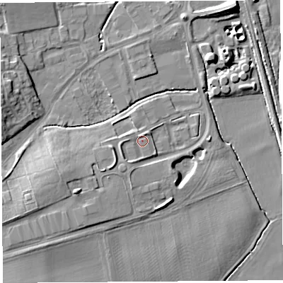 Shaded relief map of the ground around HR60LX, computed from Environment Agency LiDAR. The ground here sits at about 70 m above sea level and falls 11 m across the surrounding 800 m. Surface water reaching this point runs off ground lying to the south-west, 2.7 m higher.