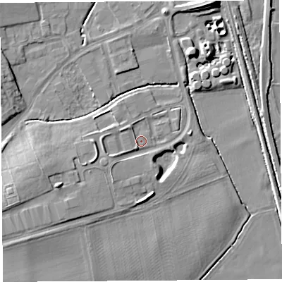 Shaded relief map of the ground around HR60LZ, computed from Environment Agency LiDAR. The ground here sits at about 69 m above sea level and falls 10 m across the surrounding 800 m. Surface water reaching this point runs off ground lying to the south-west, 0.7 m higher.